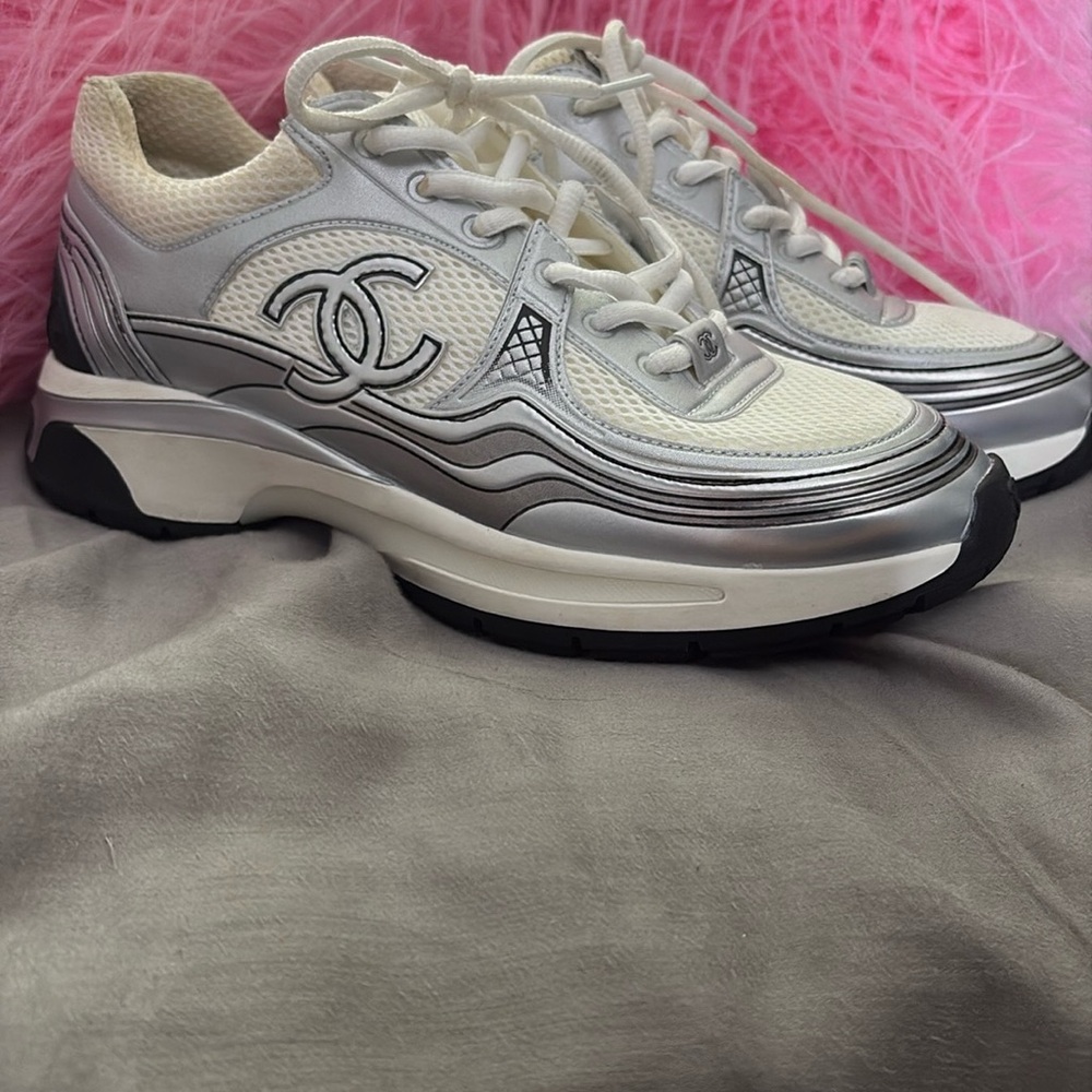 Chanel Women's Silver and White Sneakers